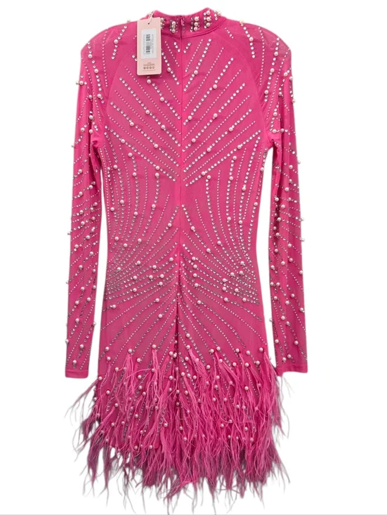 Nwt House Of Maguie Hot Pink Longsleeve Rhinestone,feathers & pearls Party Dress - Picture 10 of 16
